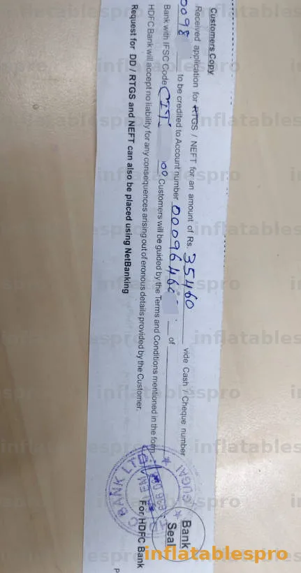 Bank RTGS NEFT counterfoil for a payment of ₹35,460 to the courier