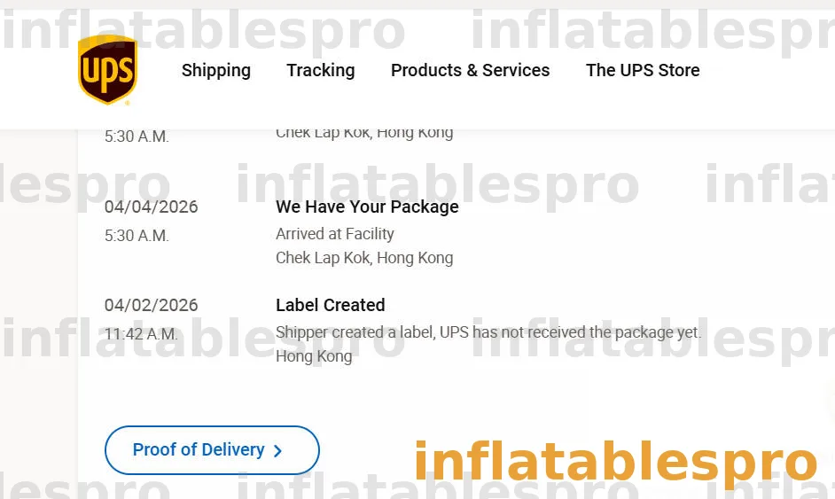 UPS tracking history showing label created in Hong Kong and arrival at Chek Lap Kok facility