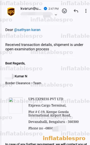 UPS border clearance email to the consignee confirming the shipment is under open examination