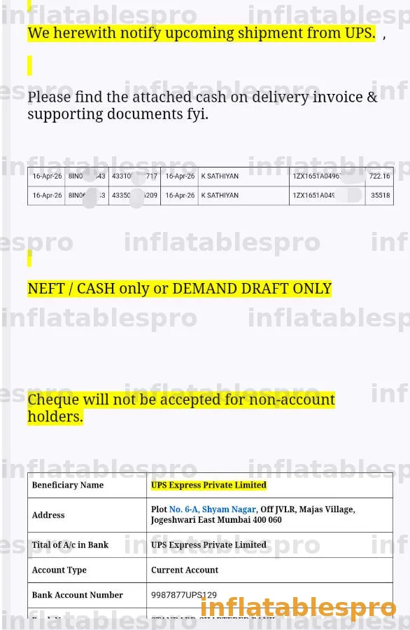 UPS notification listing the two invoices and the beneficiary bank details for NEFT payment