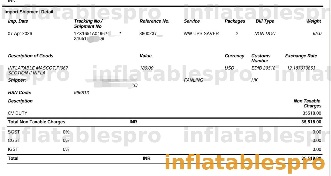 UPS import invoice showing CV duty of ₹35,518 for the inflatable mascot shipment
