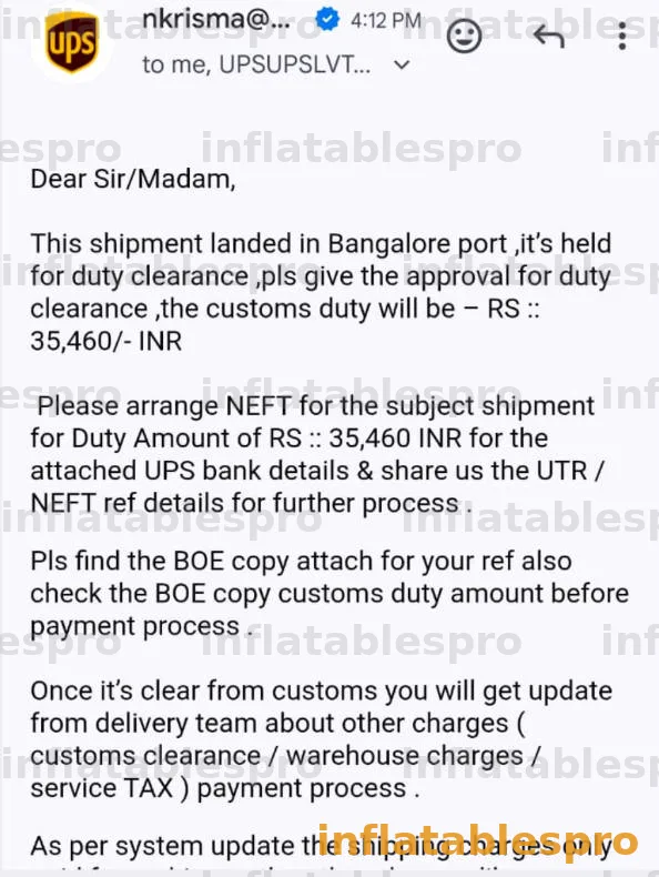 UPS email requesting duty clearance approval and NEFT payment of ₹35,460 customs duty