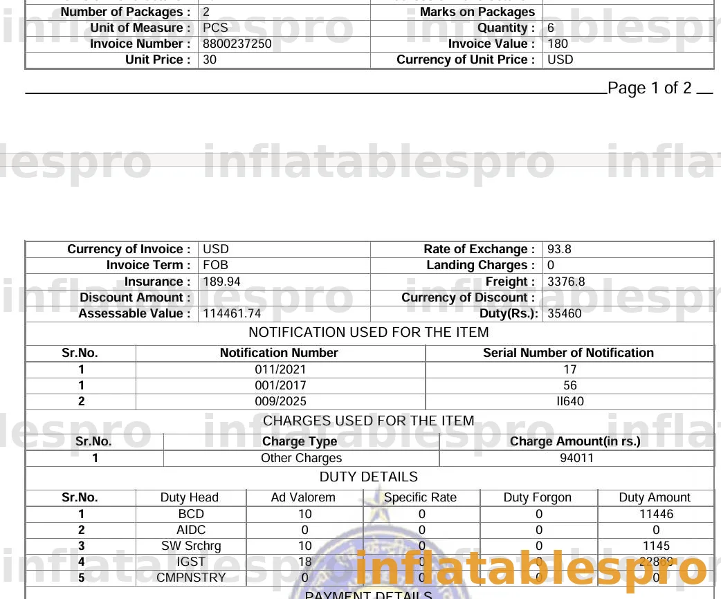 Bill of Entry duty details showing BCD, social welfare surcharge and IGST totalling ₹35,460