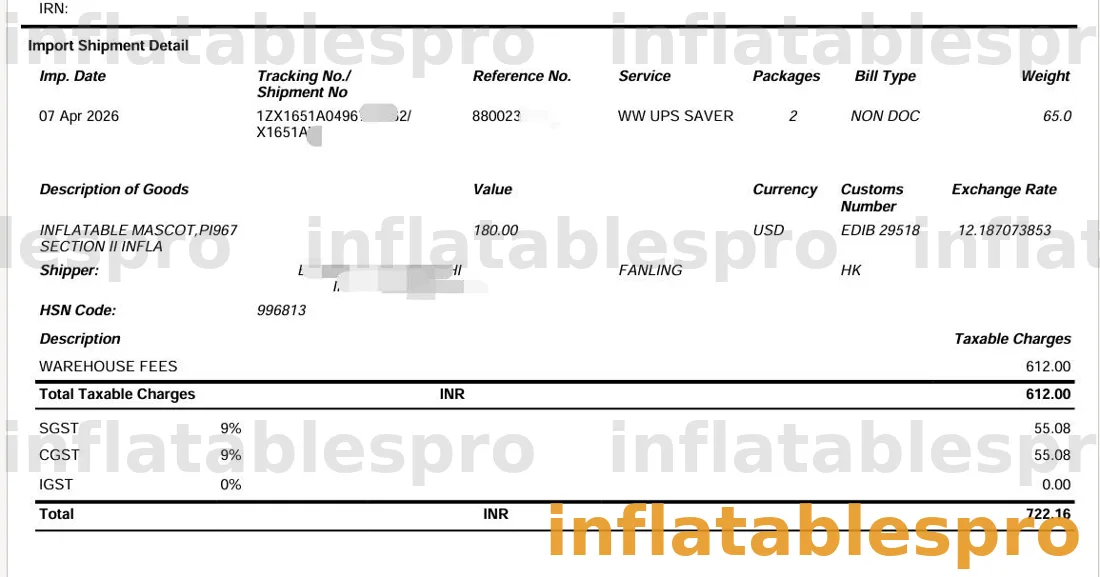 UPS import invoice showing warehouse fees of ₹612 plus 18% GST totalling ₹722.16