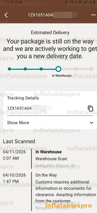 UPS tracking screen showing shipment in warehouse at Bengaluru Airport awaiting customs information