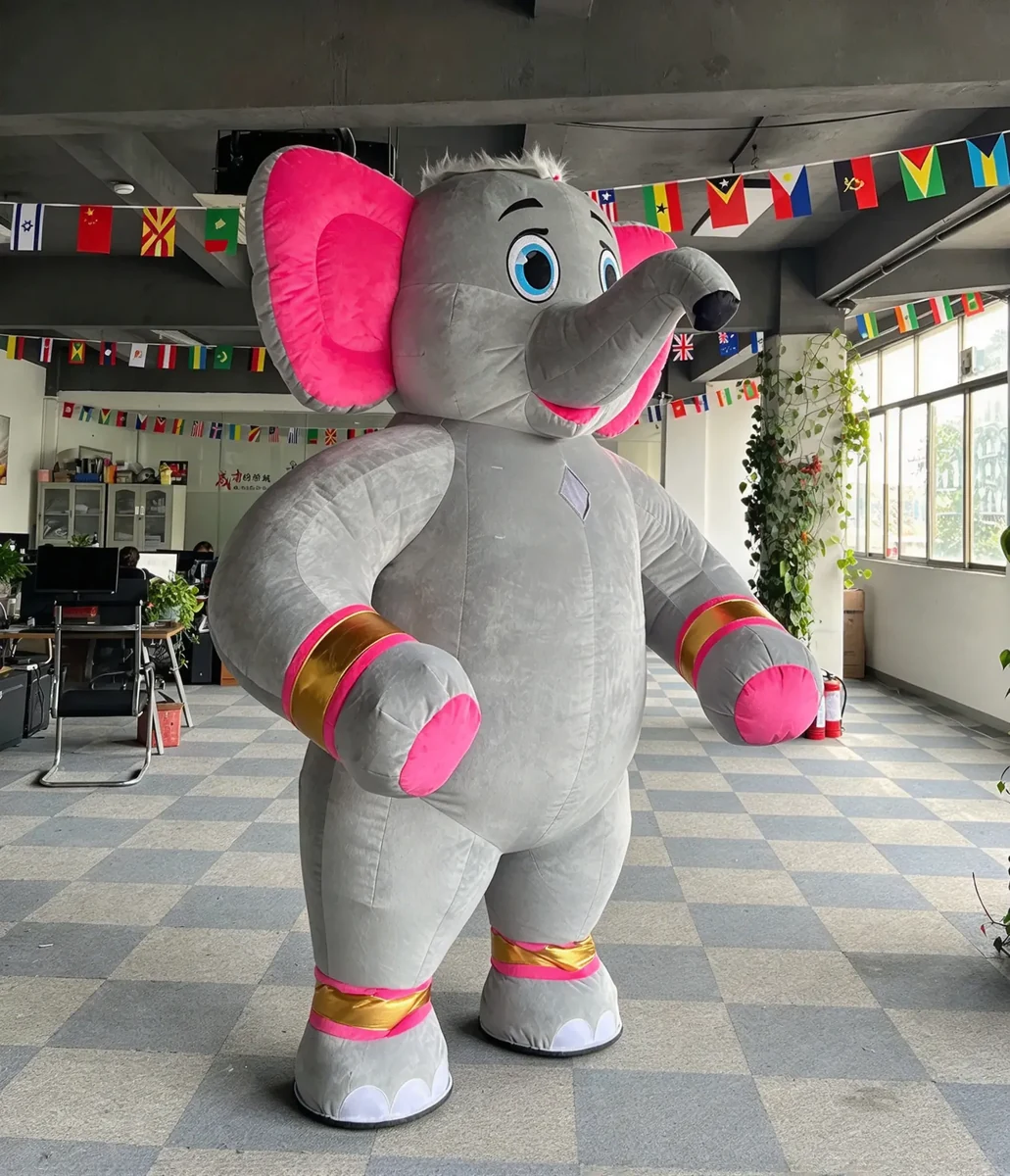 Pink Grey Elephant Mascot — inflatable mascot costume, factory photo